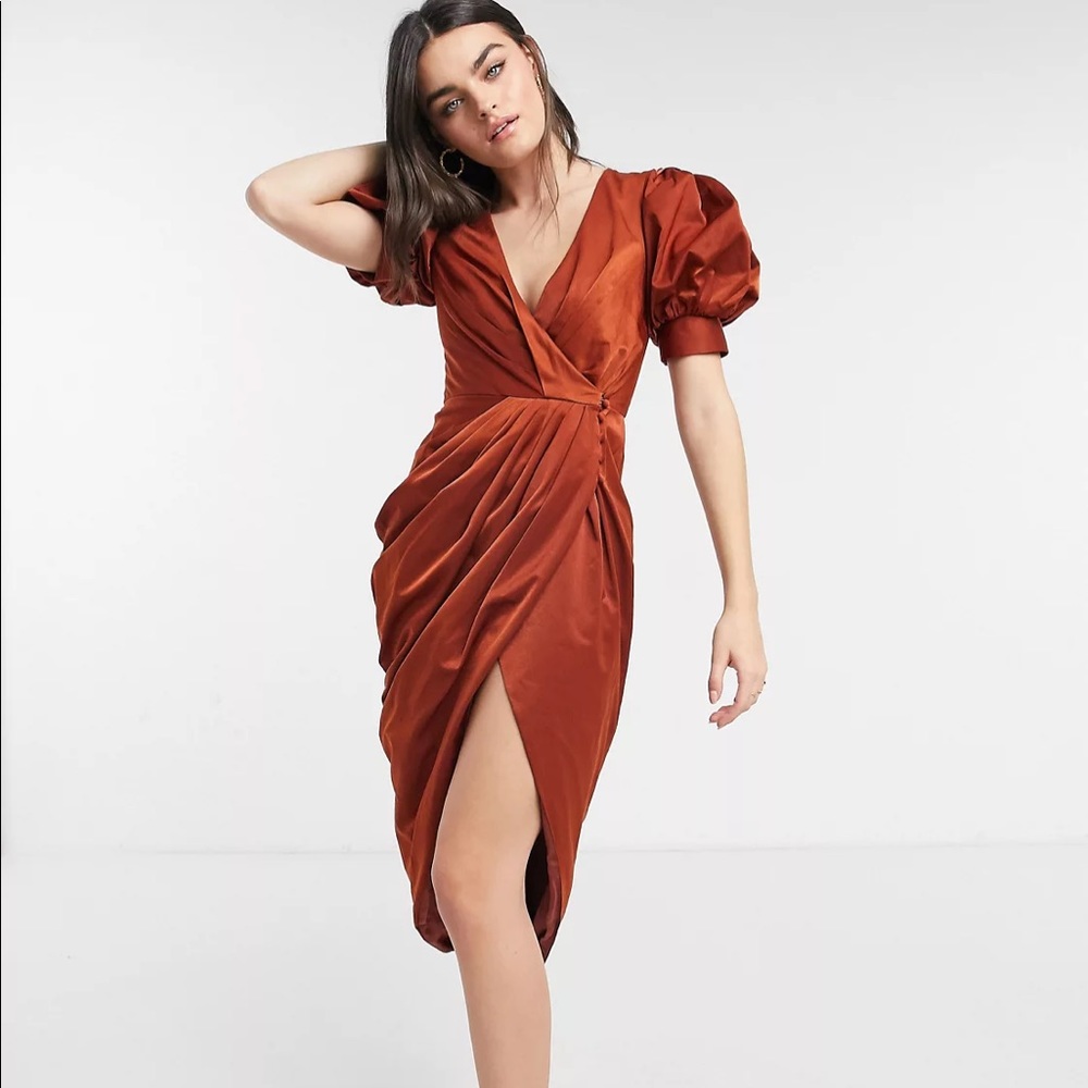 ASOS drape wrap midi dress with puff sleeve detai